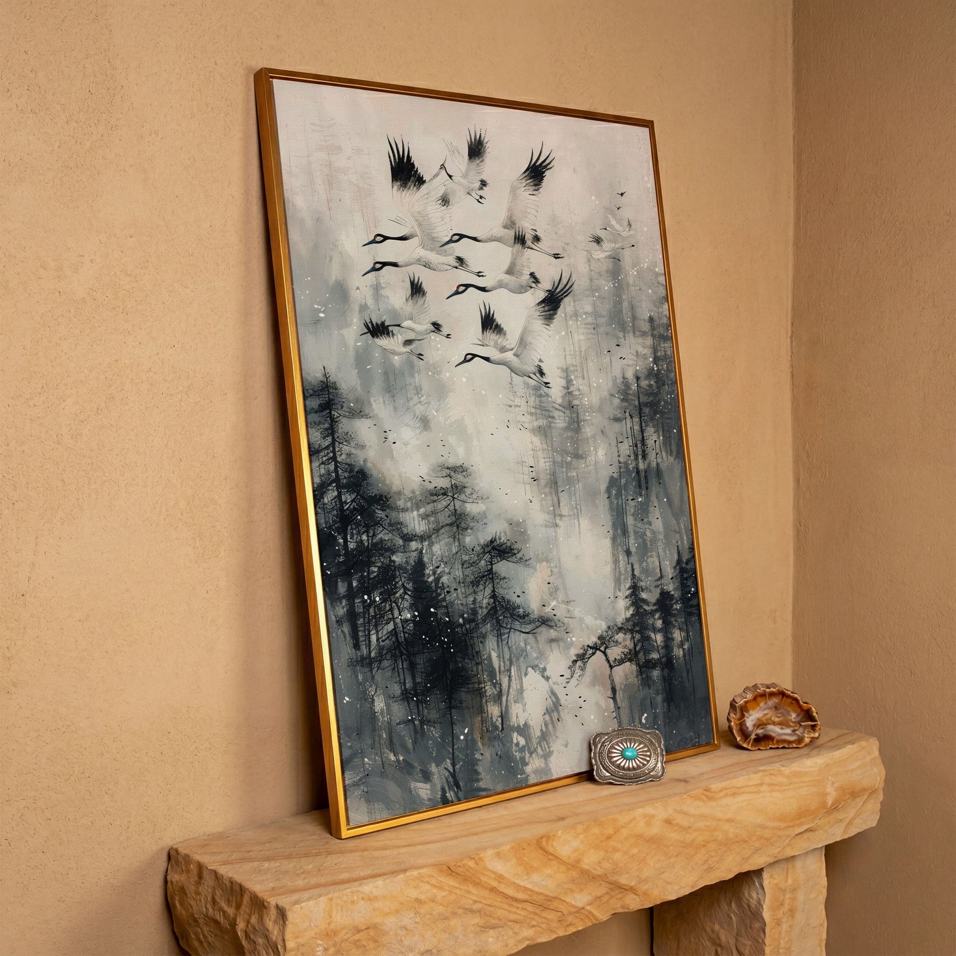 Soaring Cranes Over Foggy Forest Canvas Print in antique gold floating frame