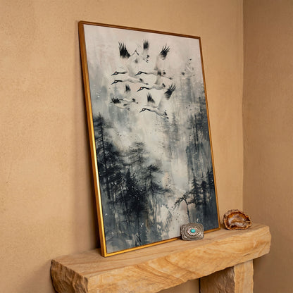 Soaring Cranes Over Foggy Forest Canvas Print in antique gold floating frame