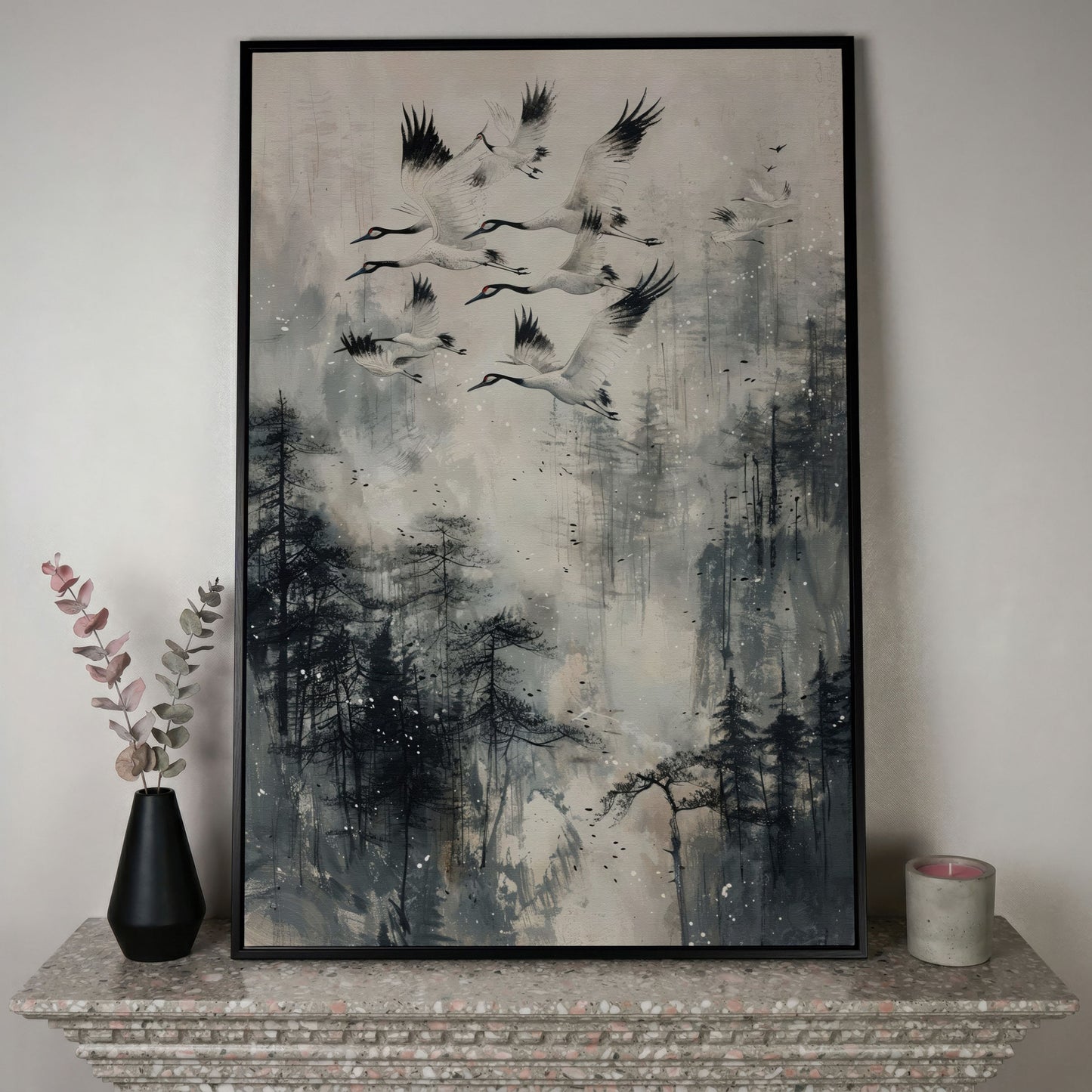 Soaring Cranes Over Foggy Forest Canvas Print in black floating frame
