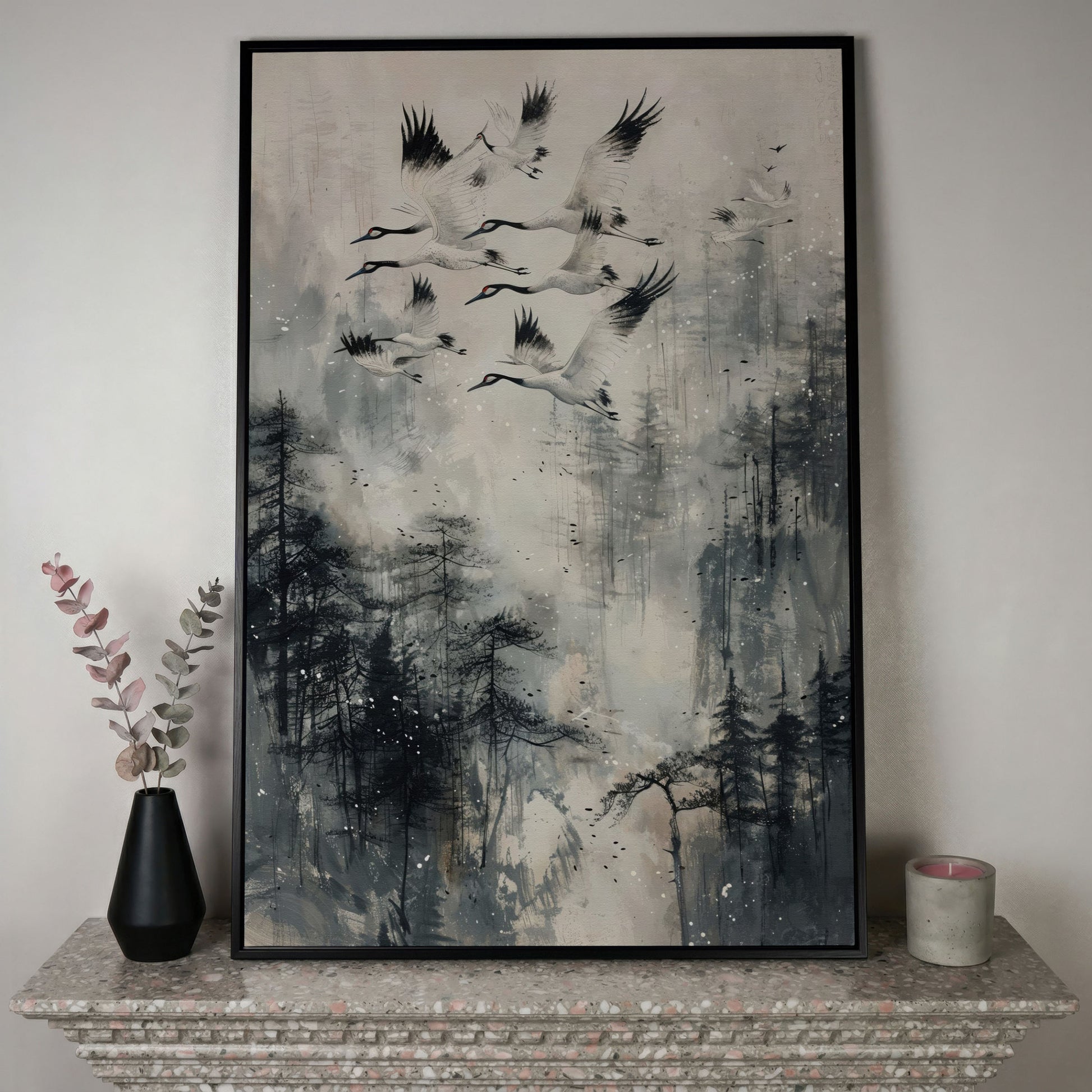 Soaring Cranes Over Foggy Forest Canvas Print in black floating frame