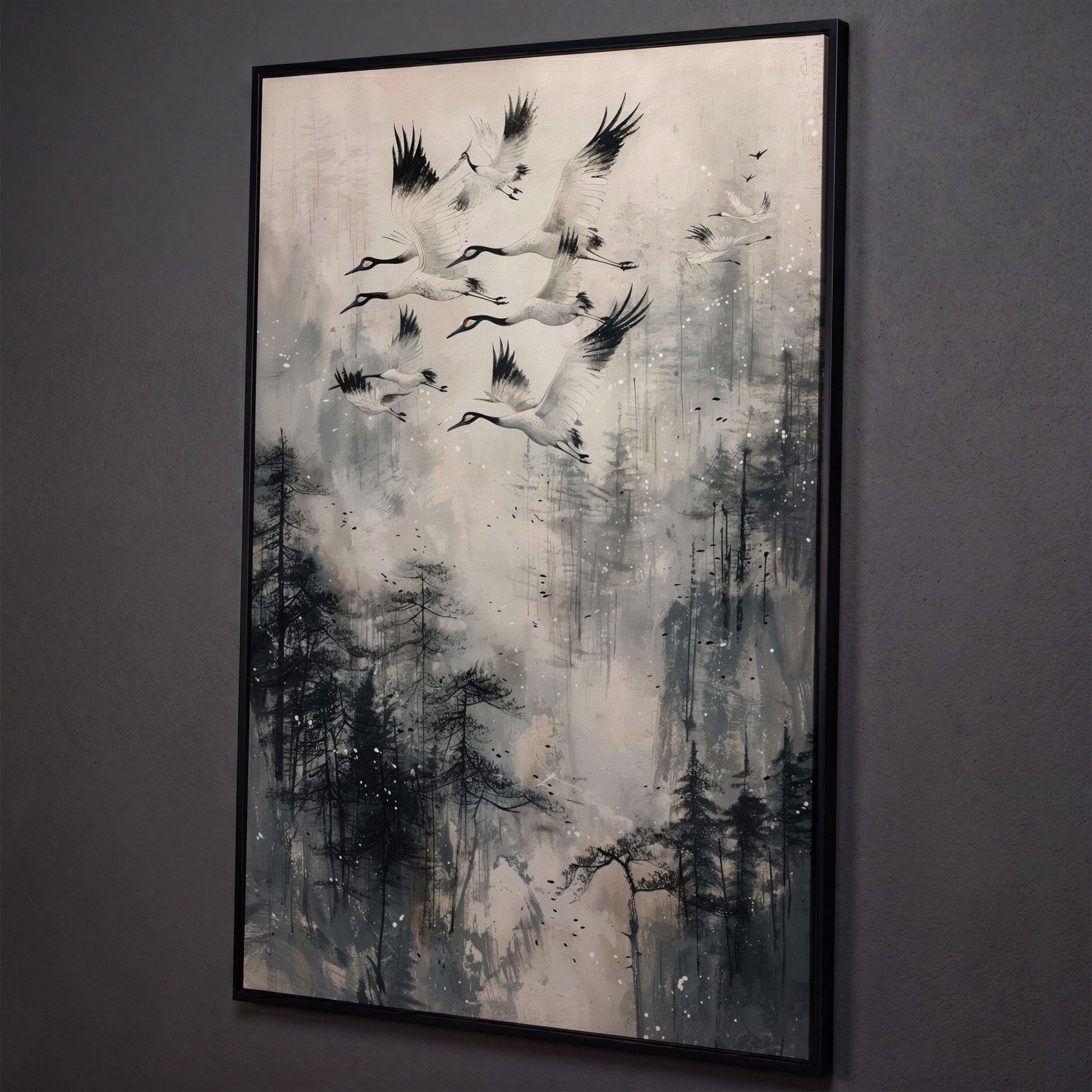 Soaring Cranes Over Foggy Forest Canvas Print shown in black floating frame