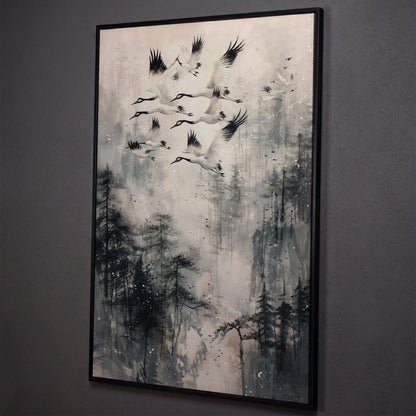 Soaring Cranes Over Foggy Forest Canvas Print shown in black floating frame