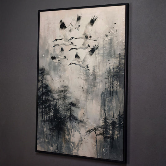 Soaring Cranes Over Foggy Forest Canvas Print shown in black floating frame