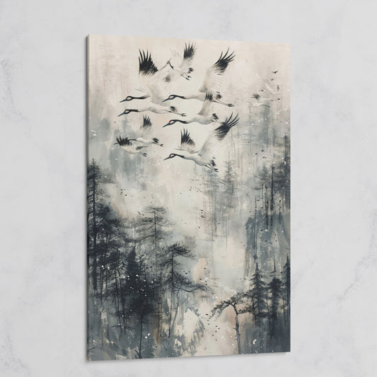 Soaring Cranes Over Foggy Forest Canvas Print on gallery wrap