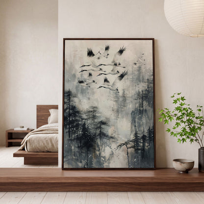 Soaring Cranes Over Foggy Forest Canvas Print in dark walnut floating frame