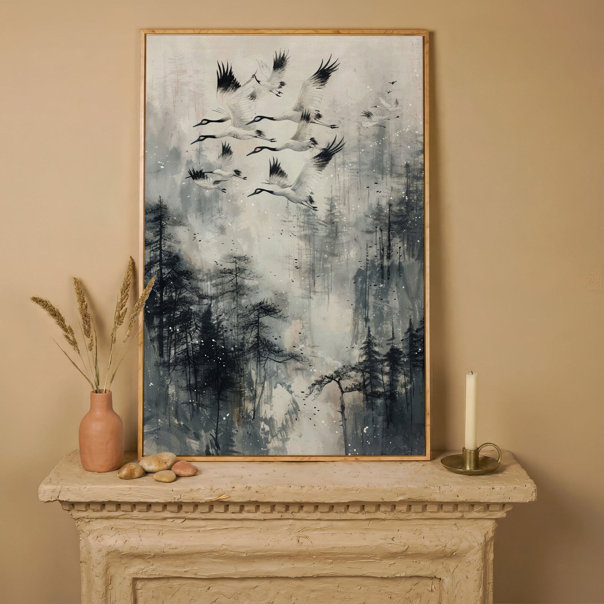 Soaring Cranes Over Foggy Forest Canvas Print in white oak floating frame