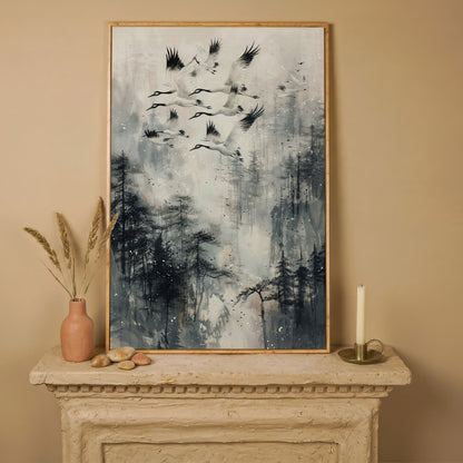Soaring Cranes Over Foggy Forest Canvas Print in white oak floating frame