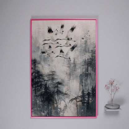 Soaring Cranes Over Foggy Forest Canvas Print in pink floating frame