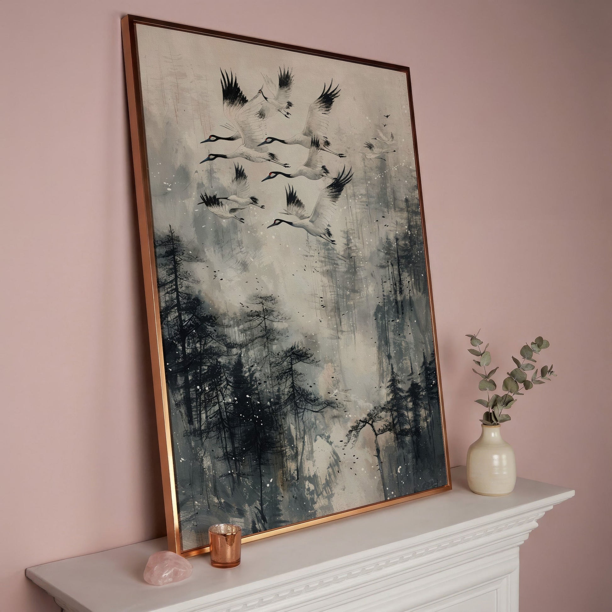 Soaring Cranes Over Foggy Forest Canvas Print in rose gold floating frame