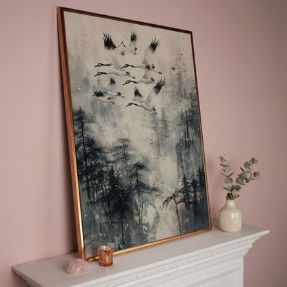Soaring Cranes Over Foggy Forest Canvas Print in rose gold floating frame