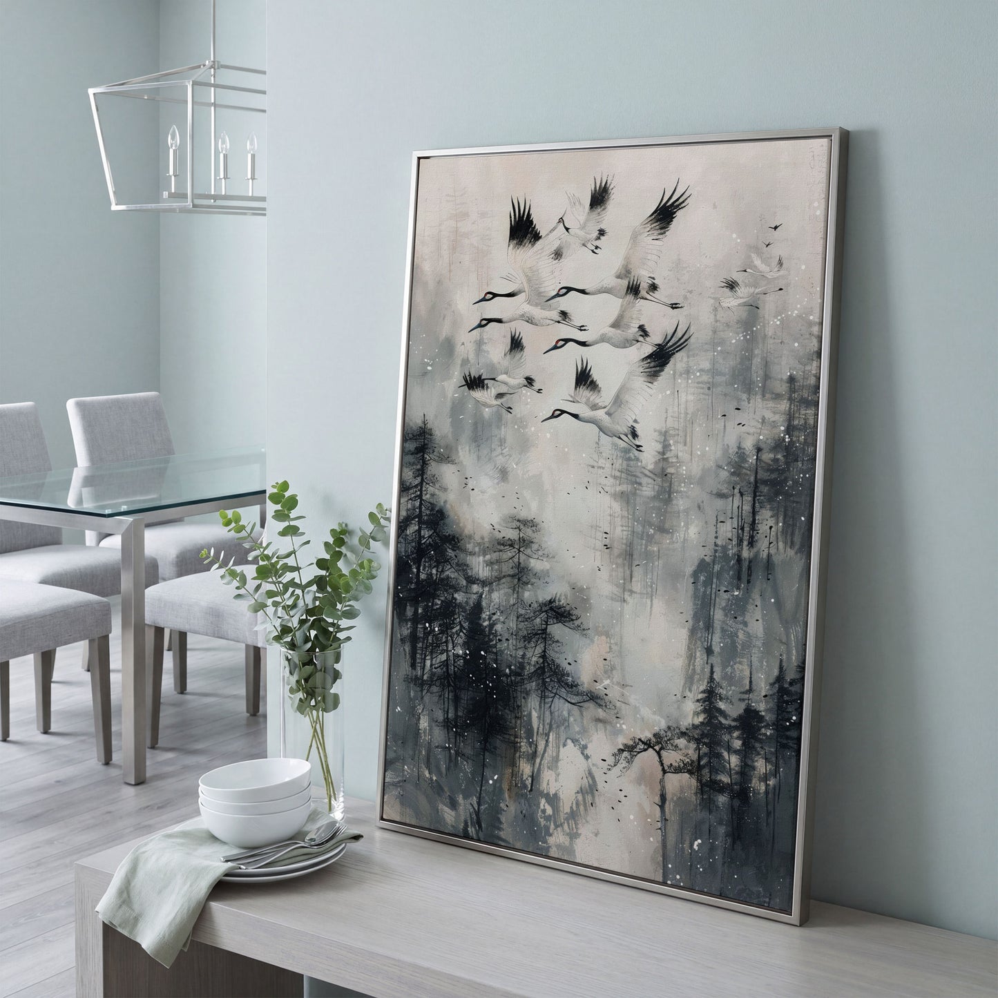 Soaring Cranes Over Foggy Forest Canvas Print in silver floating frame