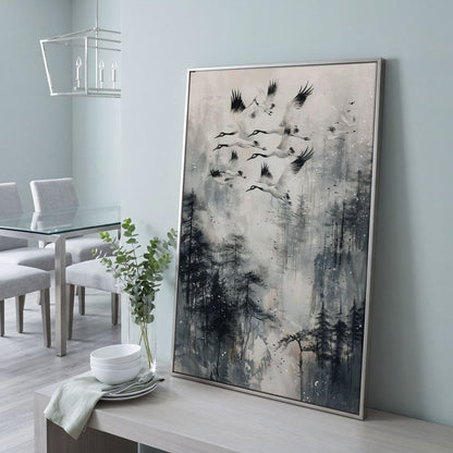 Soaring Cranes Over Foggy Forest Canvas Print in silver floating frame