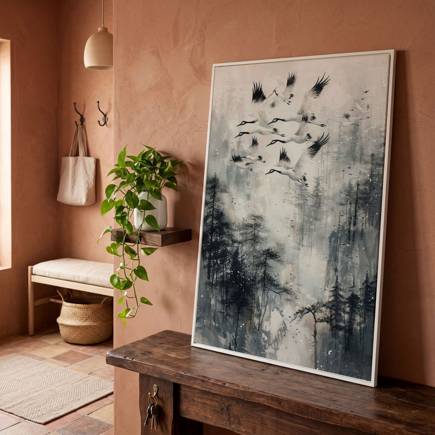 Soaring Cranes Over Foggy Forest Canvas Print in white floating frame