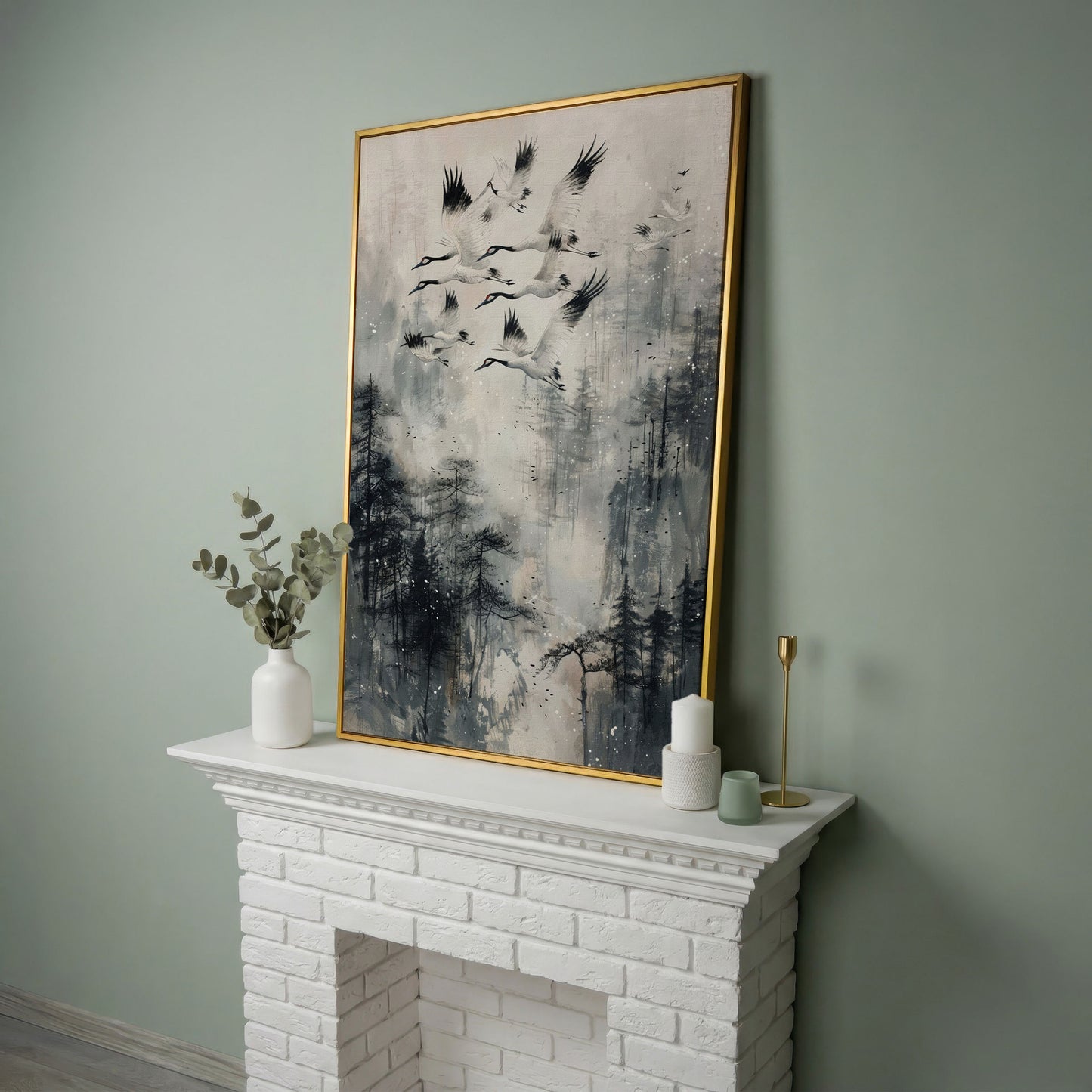 Soaring Cranes Over Foggy Forest Canvas Print in yellow gold floating frame