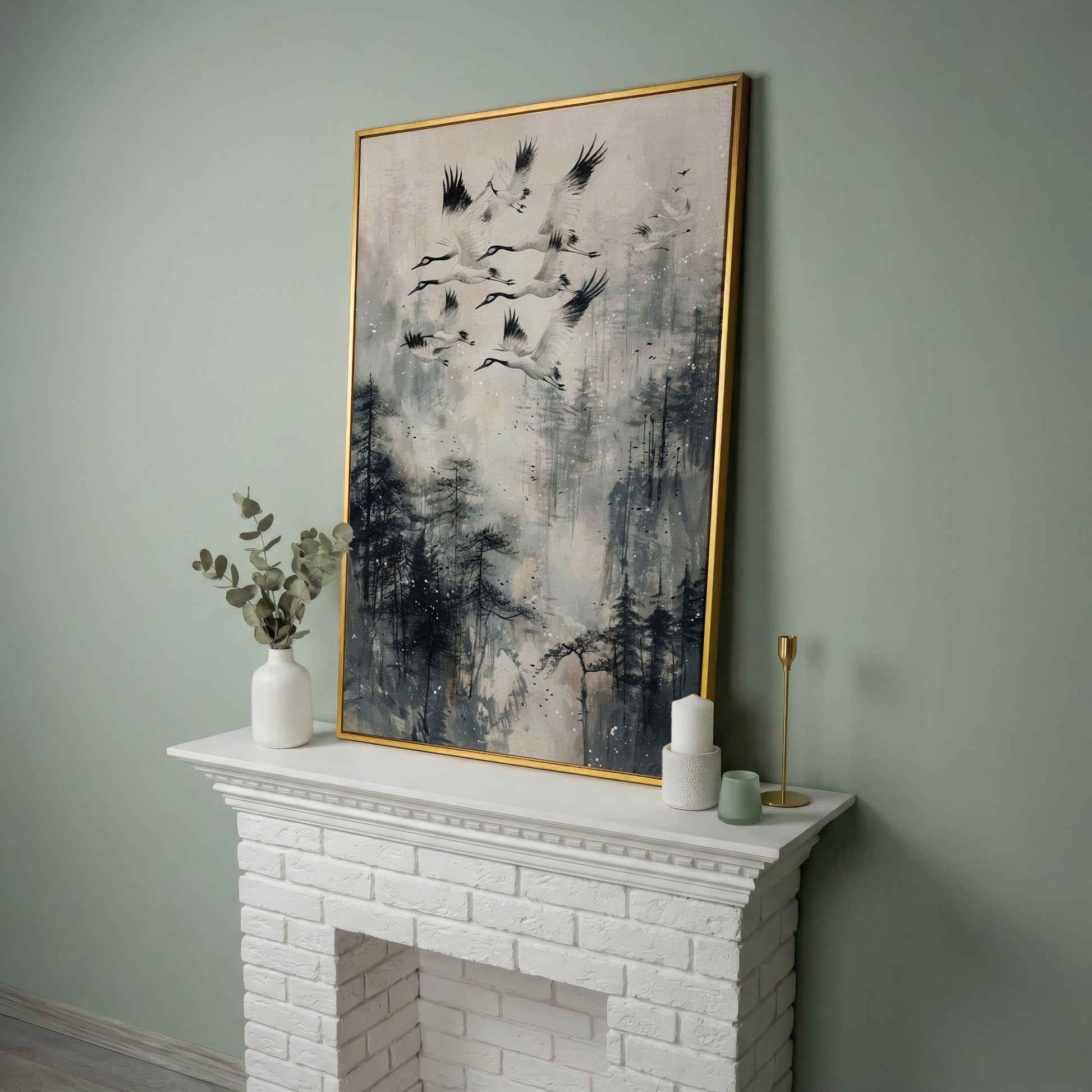 Soaring Cranes Over Foggy Forest Canvas Print in yellow gold floating frame