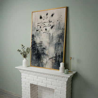 Soaring Cranes Over Foggy Forest Canvas Print in yellow gold floating frame