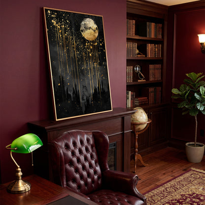 Black and Gold Moon Canvas in antique gold floating frame
