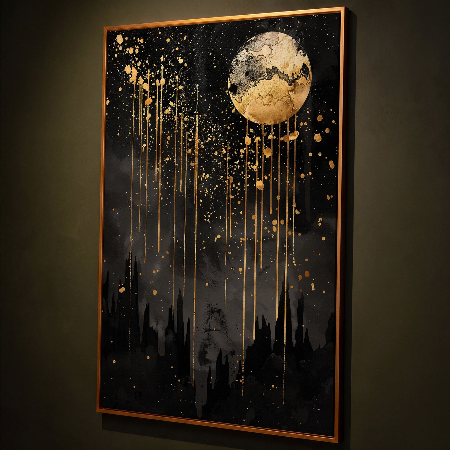 Black and Gold Moon Canvas shown in antique gold floating frame