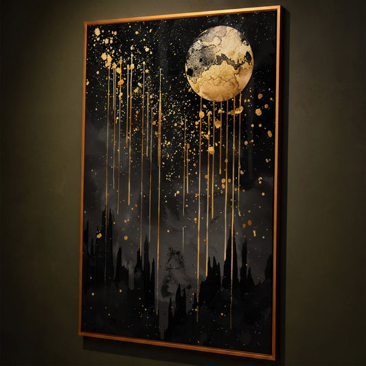 Black and Gold Moon Canvas shown in antique gold floating frame