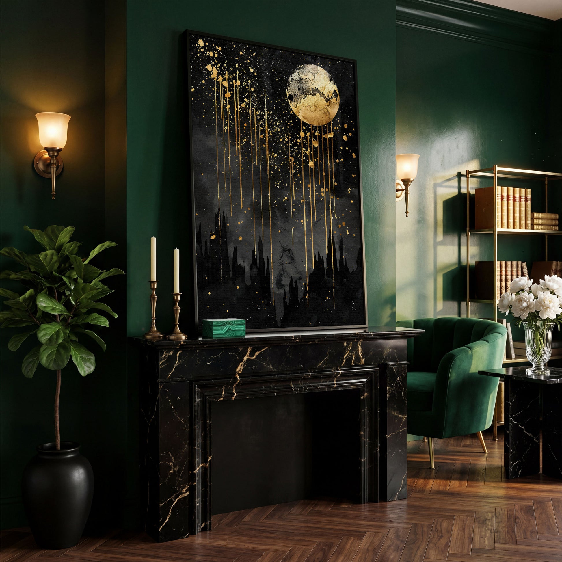 Black and Gold Moon Canvas in black floating frame