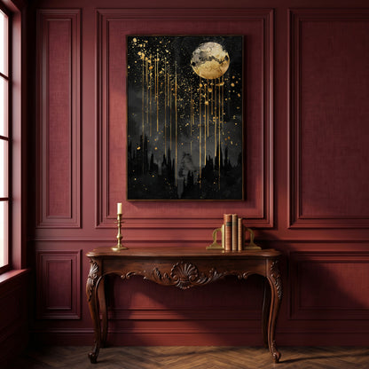 Black and Gold Moon Canvas in dark walnut floating frame