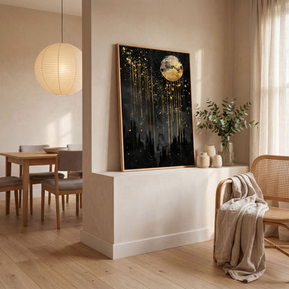 Black and Gold Moon Canvas in white oak floating frame