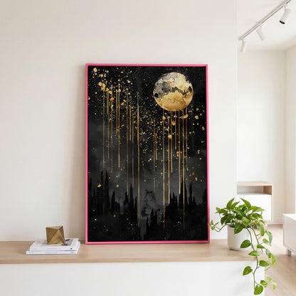 Black and Gold Moon Canvas in pink floating frame