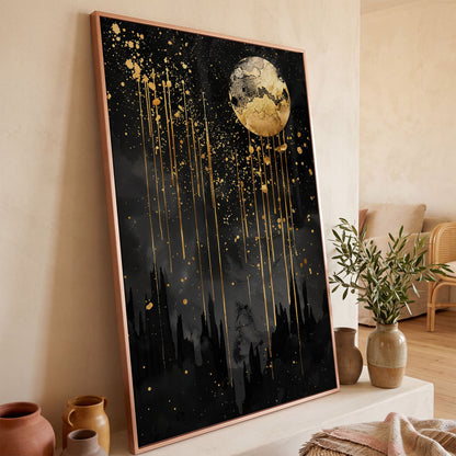 Black and Gold Moon Canvas in rose gold floating frame