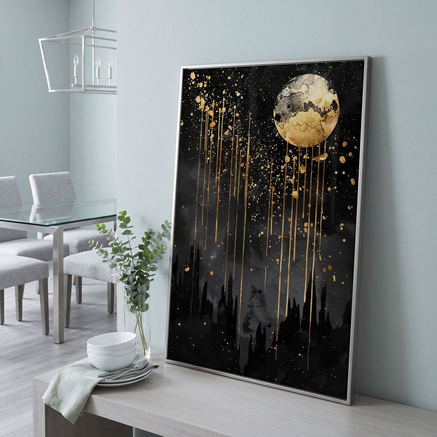 Black and Gold Moon Canvas in silver floating frame