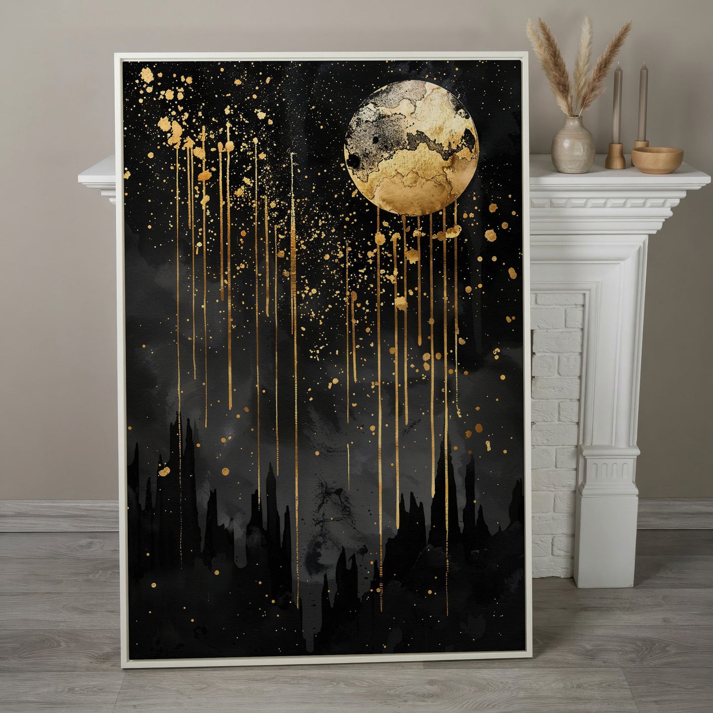 Black and Gold Moon Canvas in white floating frame