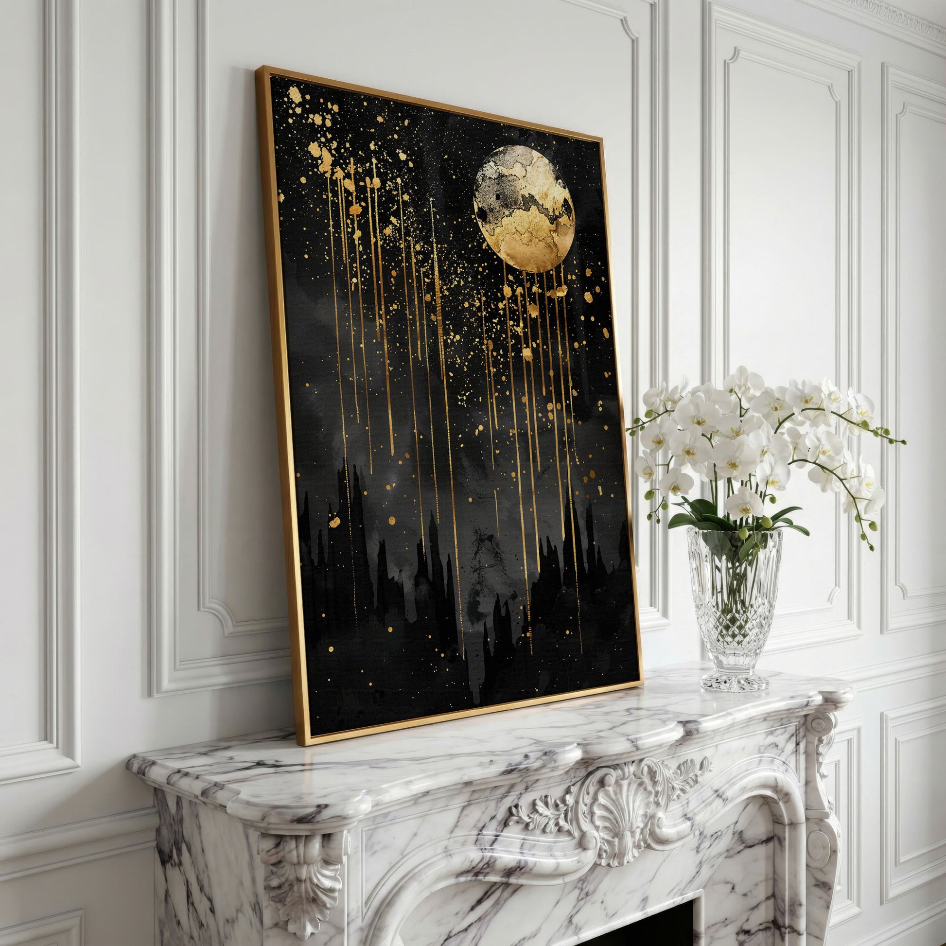 Black and Gold Moon Canvas in yellow gold floating frame