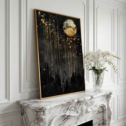 Black and Gold Moon Canvas in yellow gold floating frame
