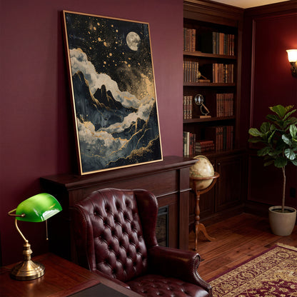 Golden Moon over Mountains Canvas Print in antique gold floating frame