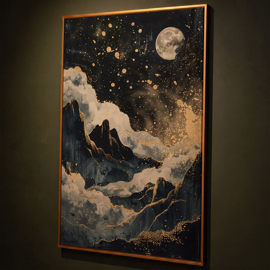 Golden Moon over Mountains Canvas Print shown in antique gold floating frame