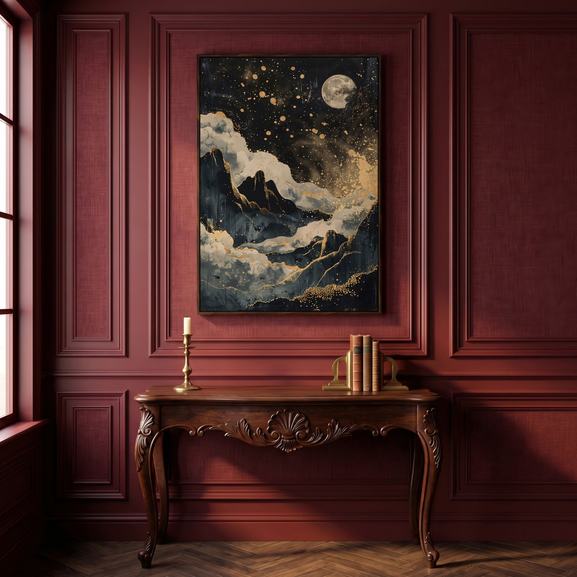 Golden Moon over Mountains Canvas Print in dark walnut floating frame