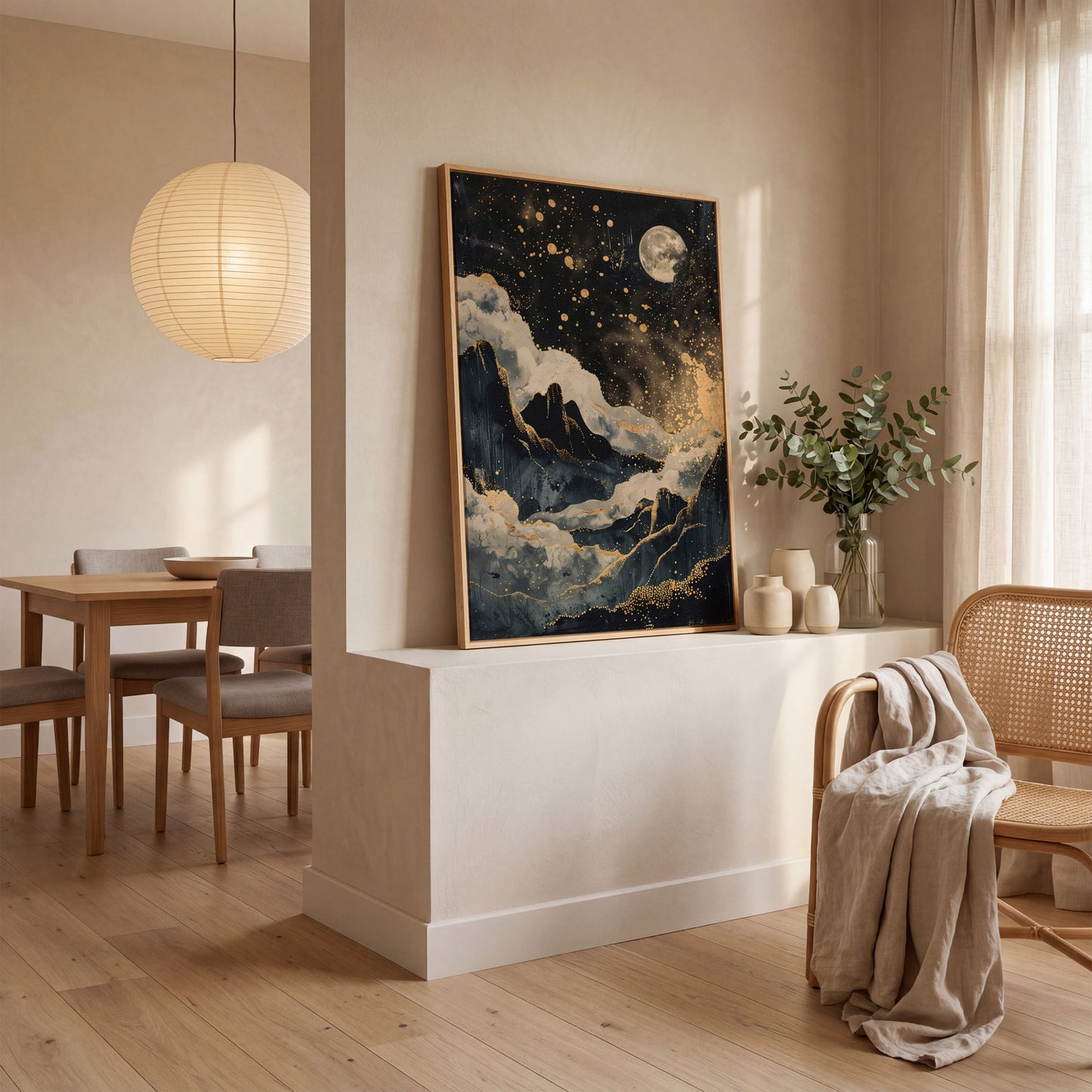 Golden Moon over Mountains Canvas Print in white oak floating frame
