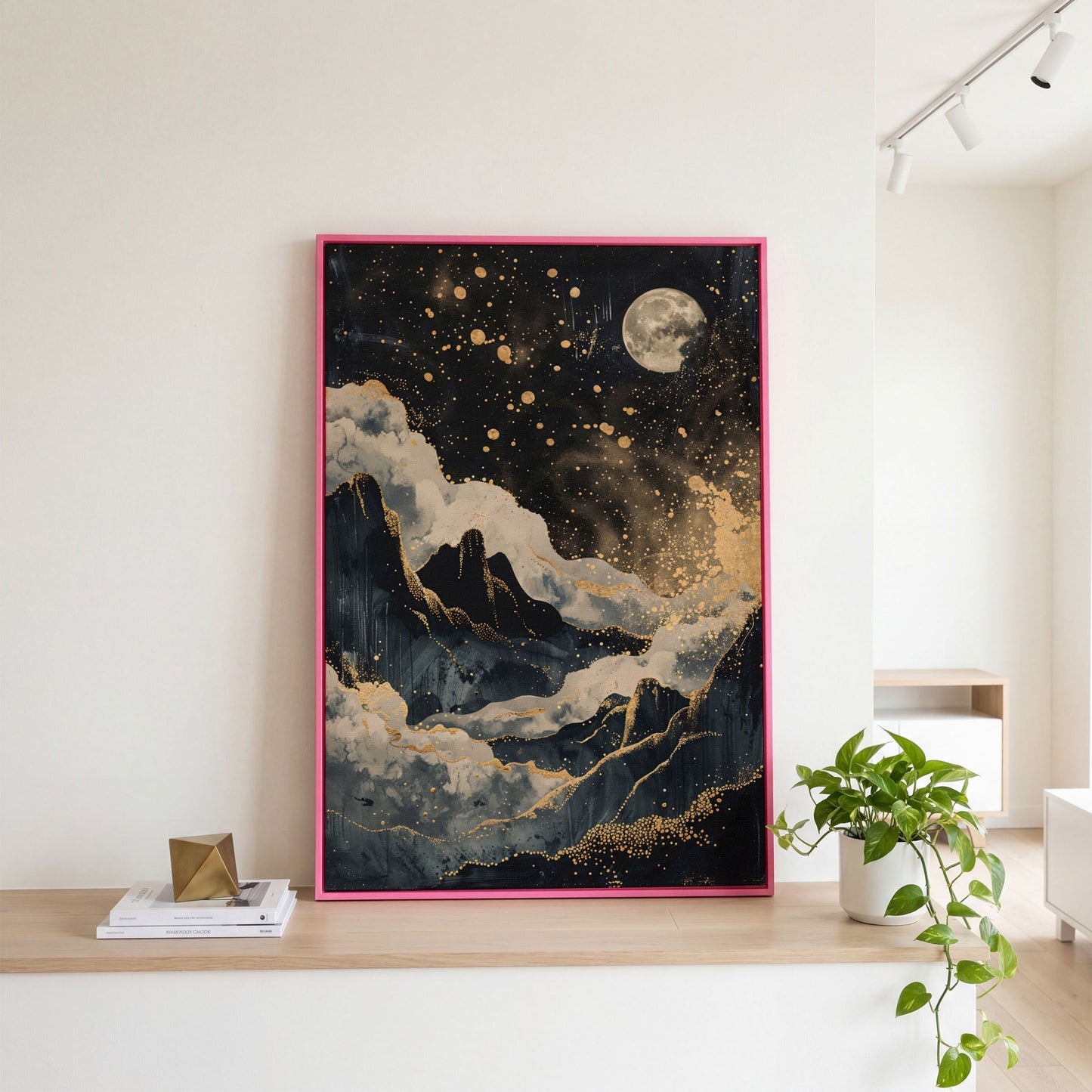Golden Moon over Mountains Canvas Print in pink floating frame