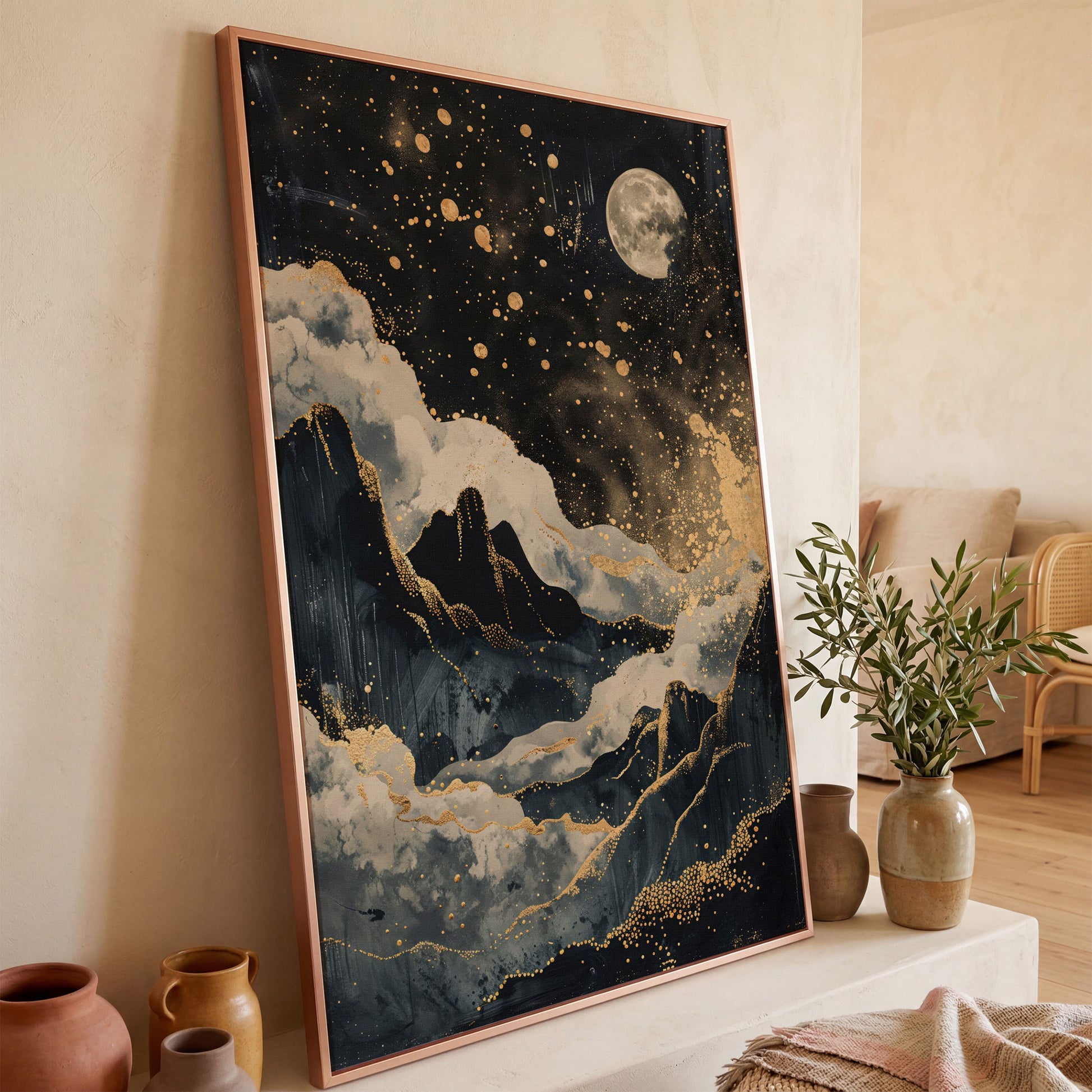 Golden Moon over Mountains Canvas Print in rose gold floating frame