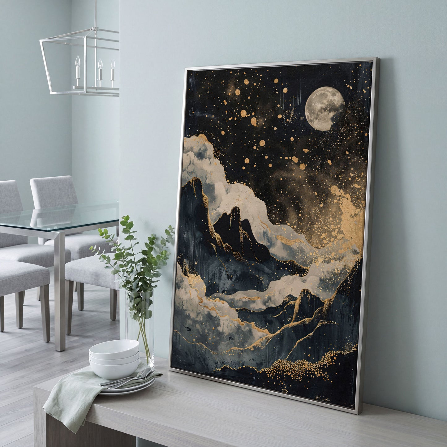 Golden Moon over Mountains Canvas Print in silver floating frame