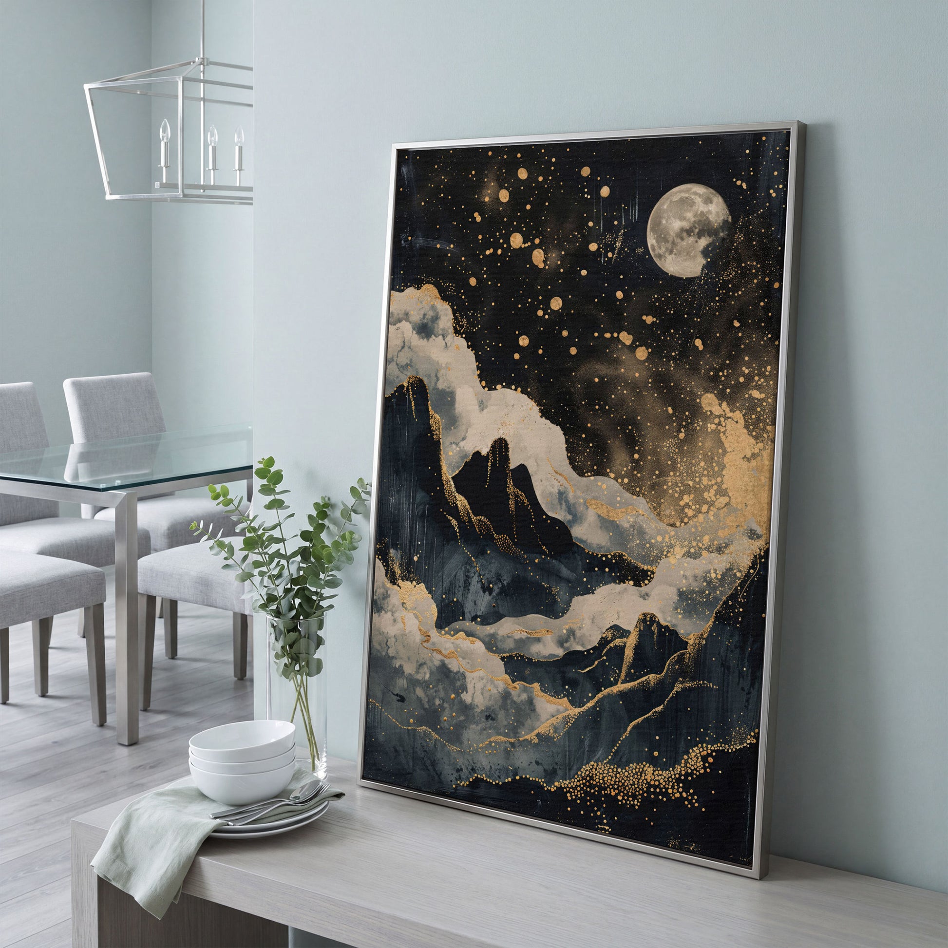 Golden Moon over Mountains Canvas Print in silver floating frame