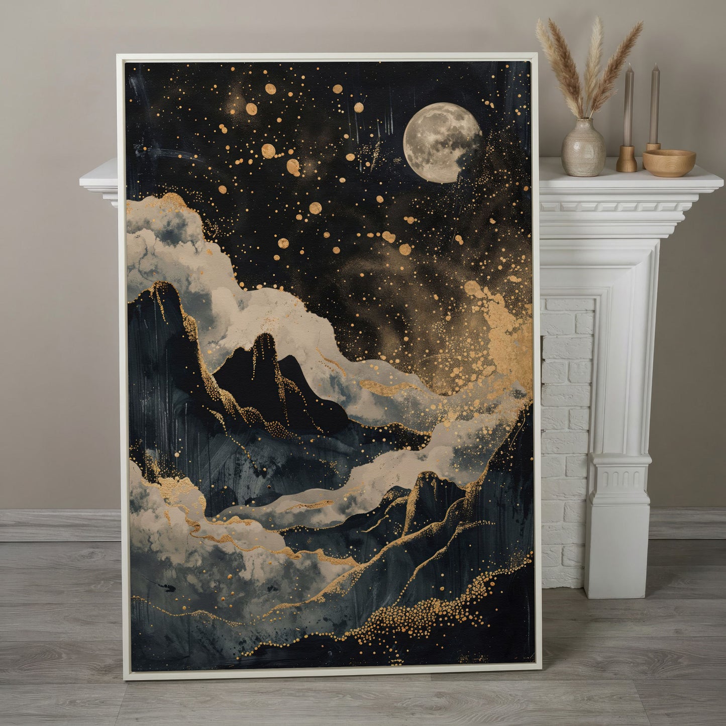 Golden Moon over Mountains Canvas Print in white floating frame