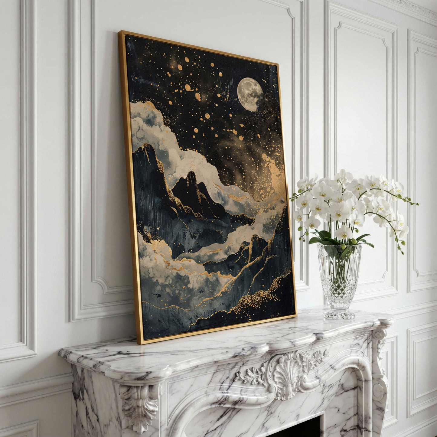 Golden Moon over Mountains Canvas Print in yellow gold floating frame