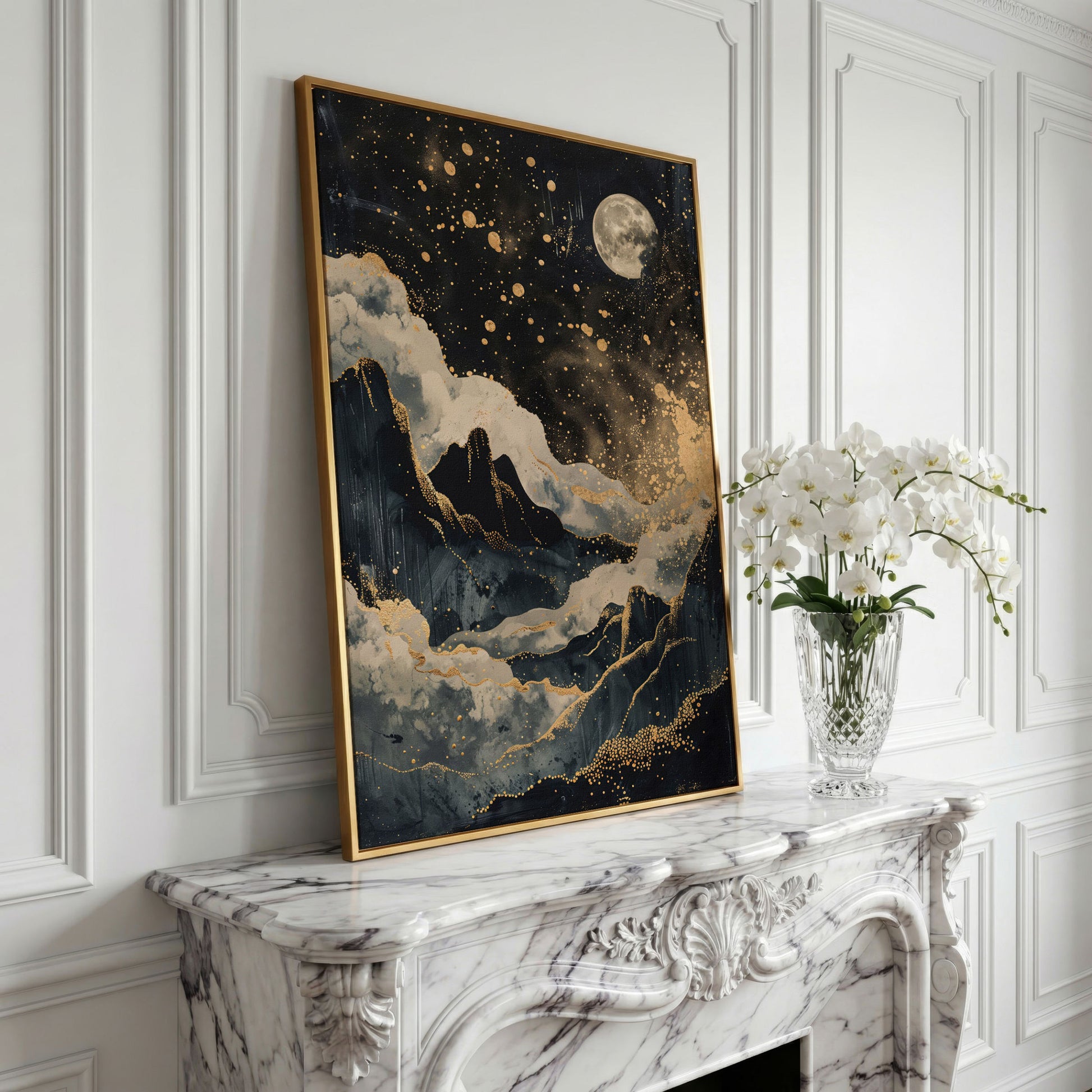 Golden Moon over Mountains Canvas Print in yellow gold floating frame