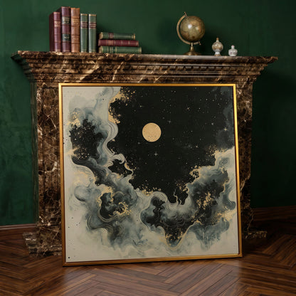 Abstract Cosmic Swirls with Full Moon Canvas in antique gold floating frame