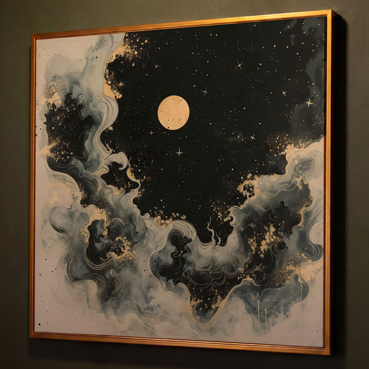 Abstract Cosmic Swirls with Full Moon Canvas shown in antique gold floating frame