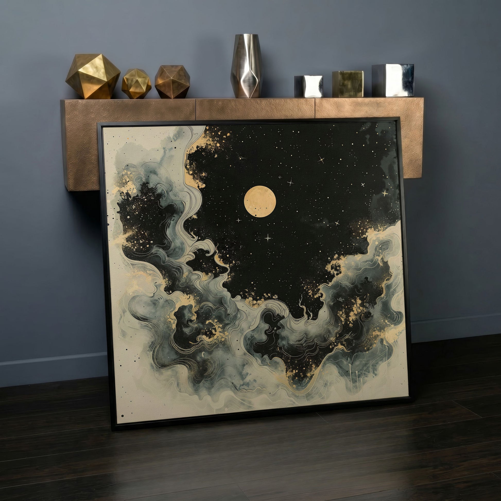 Abstract Cosmic Swirls with Full Moon Canvas in black floating frame
