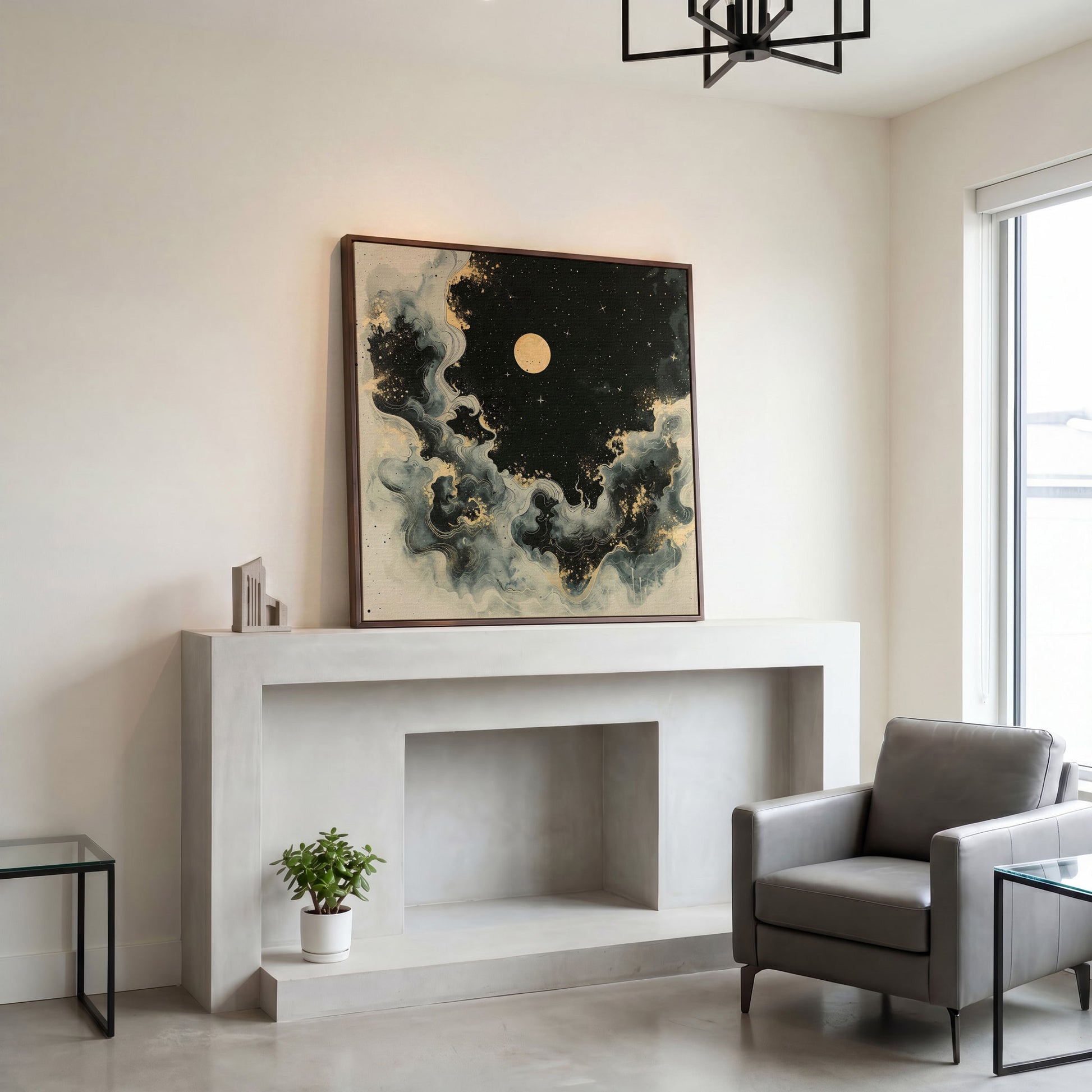 Abstract Cosmic Swirls with Full Moon Canvas in dark walnut floating frame