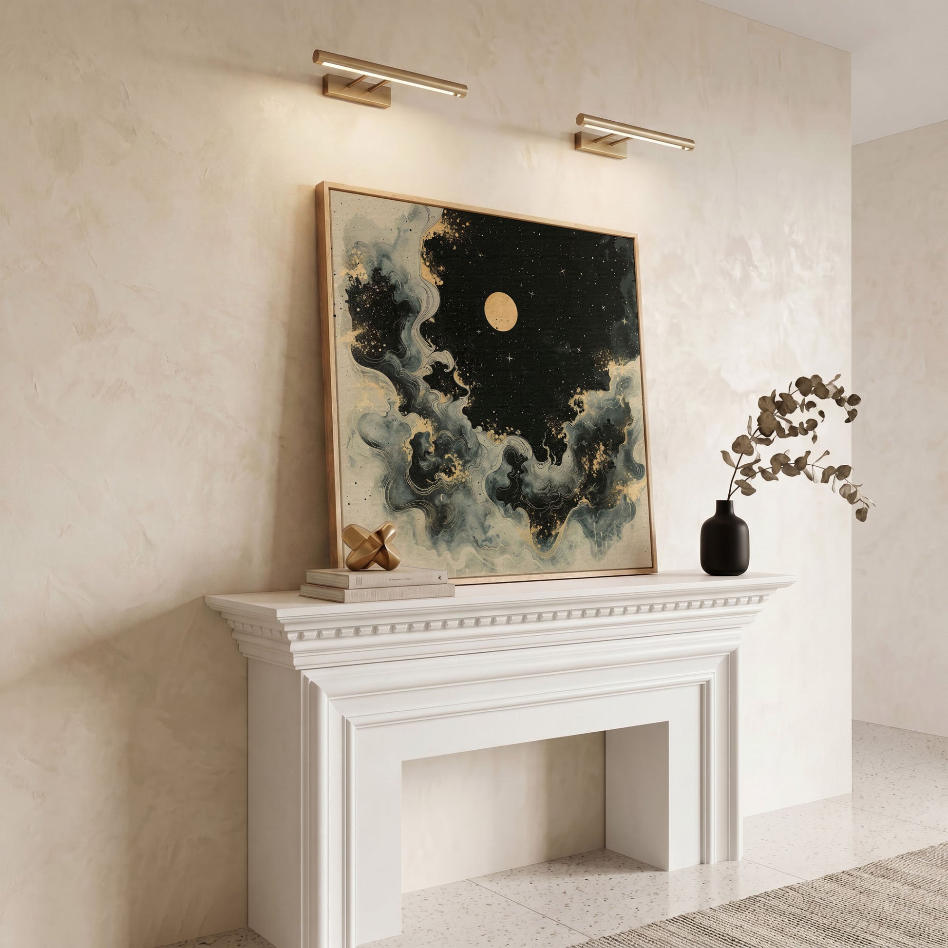 Abstract Cosmic Swirls with Full Moon Canvas in white oak floating frame