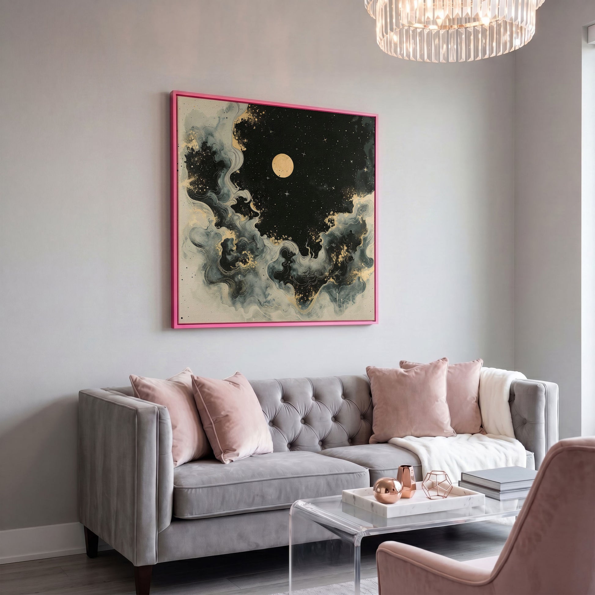 Abstract Cosmic Swirls with Full Moon Canvas in pink floating frame