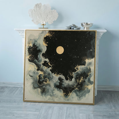 Abstract Cosmic Swirls with Full Moon Canvas in rose gold floating frame